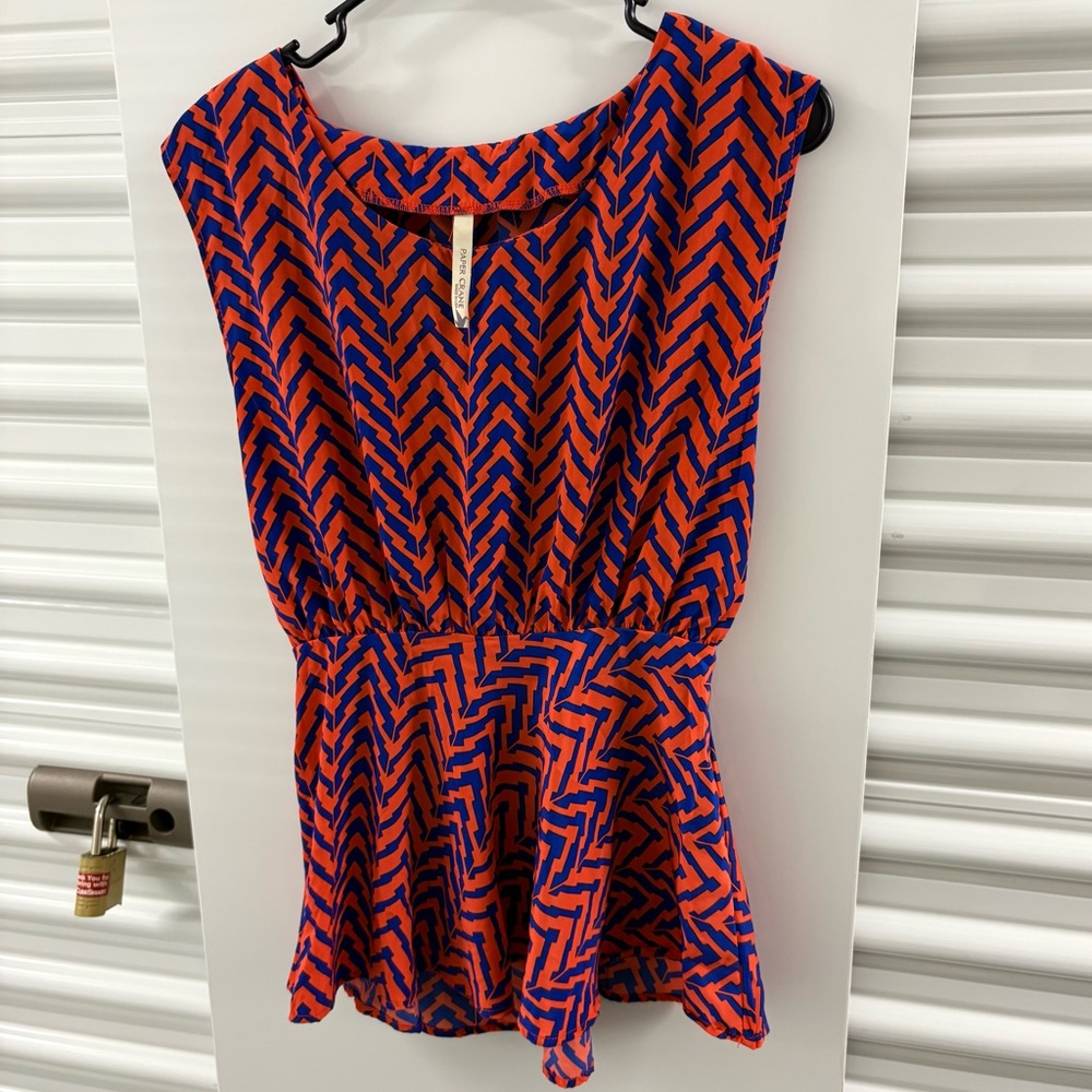 Paper Crane Blue and Red Sleeveless Peplum Blouse